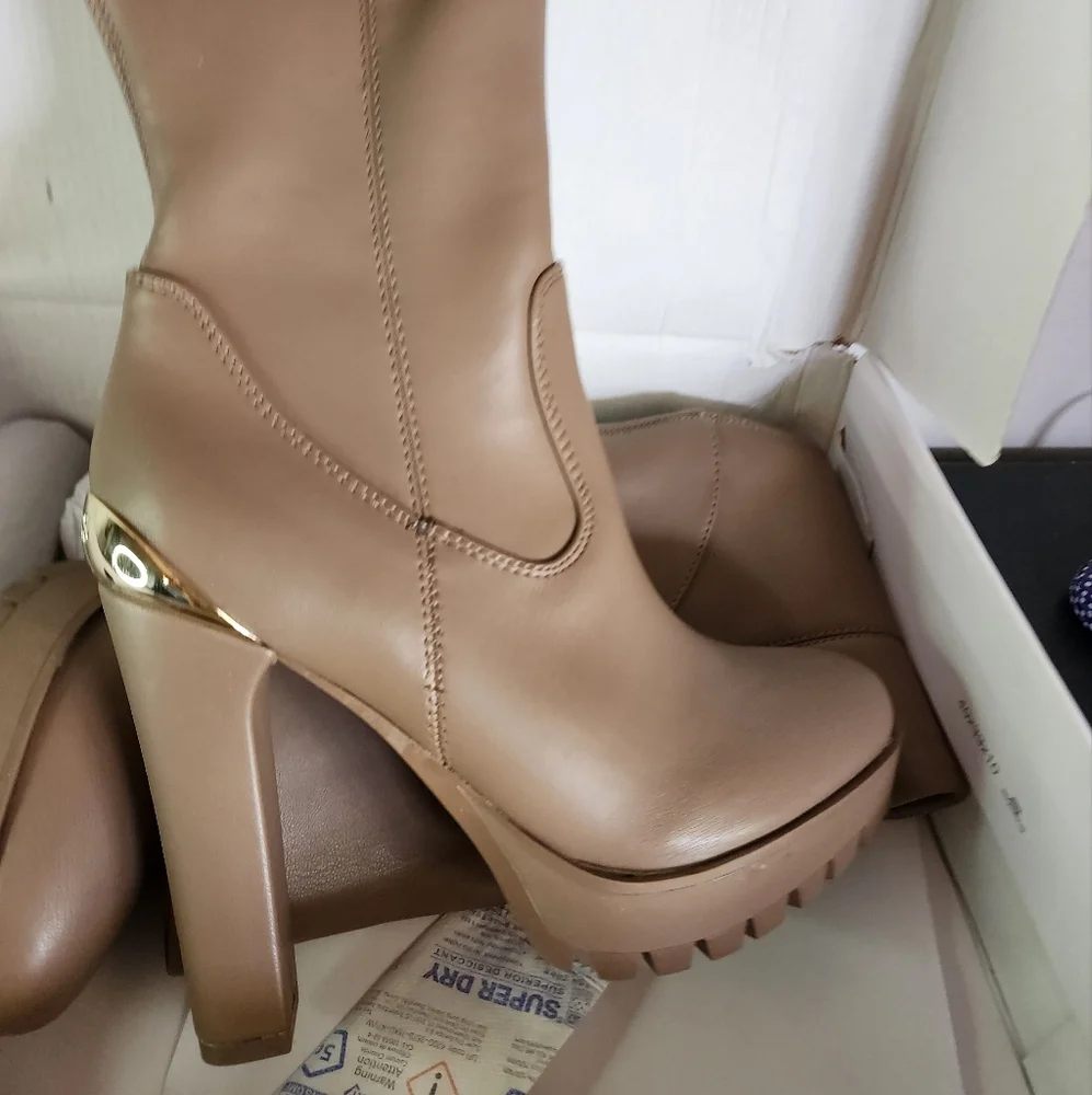 Tall Tan Platform Heeled Boots - Women